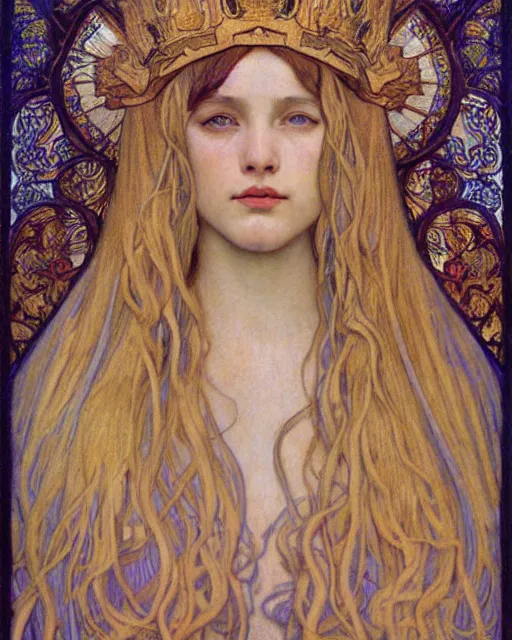 Image similar to detailed realistic beautiful young medieval queen face portrait by jean delville, alphonse mucha, vincent van gogh, and marco mazzoni, art nouveau, symbolist, visionary, gothic, pre - raphaelite