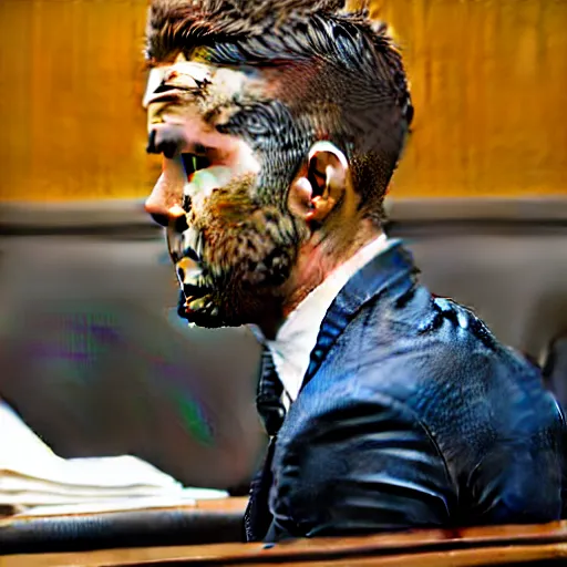 Prompt: ryan reynolds on trial in a court room, highly detailed, extremely high quality, hd, 4 k, 8 k, professional photographer, 4 0 mp, lifelike, top - rated, award winning, realistic, detailed lighting, detailed shadows, sharp, no blur, edited, corrected, trending