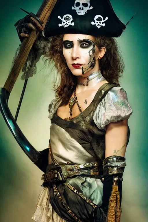 Image similar to a swashbuckling woman pirate portrait in national geographic, her clothing is sheer and futuristic, painted with iridescent face paint