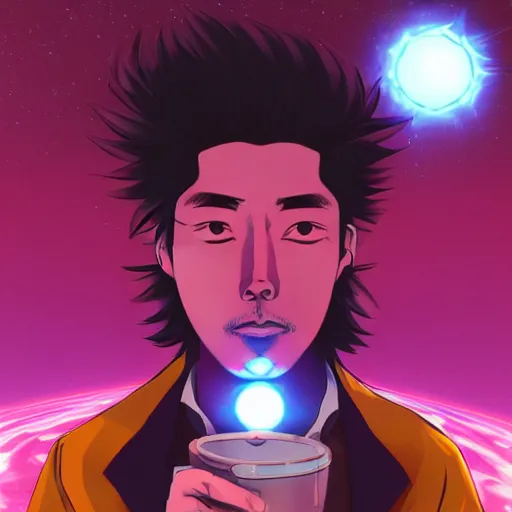 Image similar to A man drinking a cup of cosmic energy, bright light, by Masafumi Harada, 4k, digital art, surreal, anime style, space dandy style, highly detailed, godsend, artstation