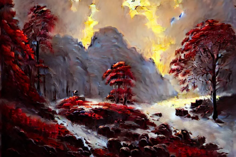 Prompt: a beautiful oil painting of a rocky valley covered in snow, trees with red leaves, thunderstorm in the sky, blue lighting, gloomy, atmospheric lighting, detailed, by greg rutkowski, trending on artstation