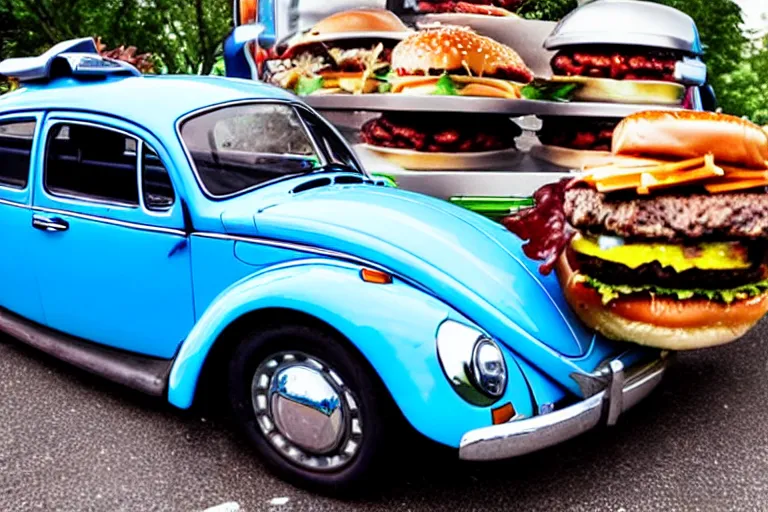 Image similar to a blue beetle car with burgers in place of the wheels