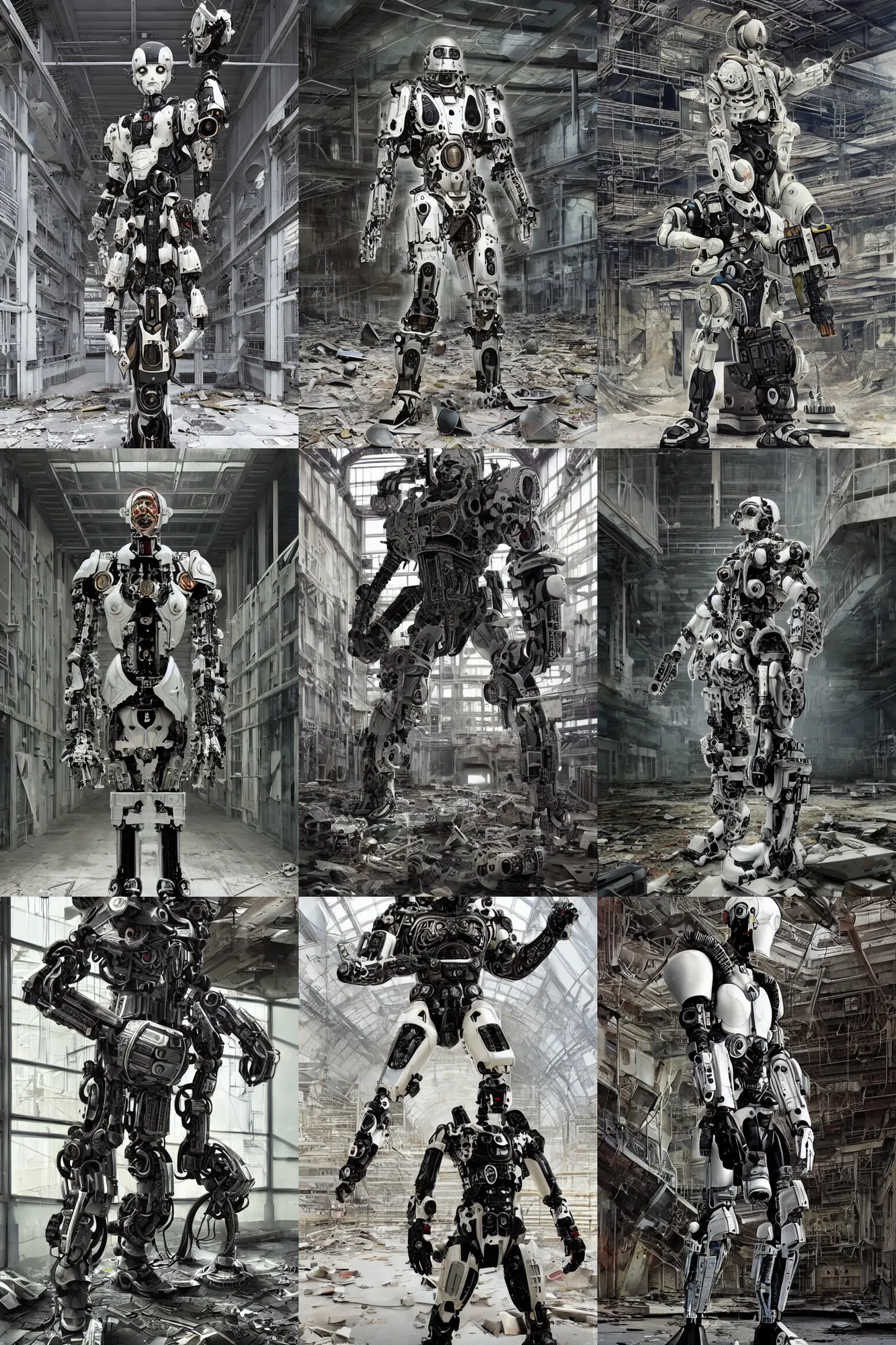 Prompt: cyborg with white and black ancestral ornate japanese tactical gear standing in an abandoned futuristic factory, long shot, by irving penn and storm thorgerson, madhouse studios, ren heng, peter elson, alvar aalto, makoto shinkai