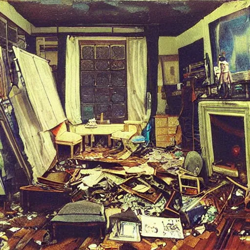 Prompt: nanopunk by viktor vasnetsov, by anne mccaffrey dignified. a performance art of a room that is wrecked, furniture overturned, belongings strewn about, & debris everywhere. the only thing left intact is a photograph on the wall shows a tidy, well - appointed space, with everything in its place.