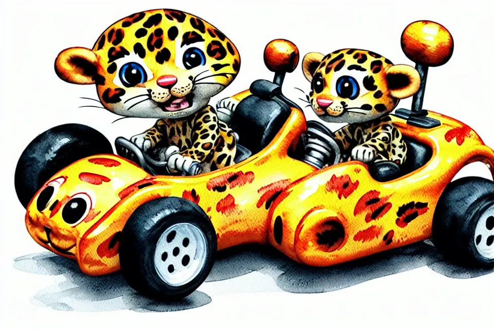 Image similar to cute and funny, baby leopard riding in a tiny go kart with oversized engine, ratfink style by ed roth, centered award winning watercolor pen illustration, isometric illustration by chihiro iwasaki, edited by range murata, tiny details by artgerm and watercolor girl, symmetrically isometrically centered