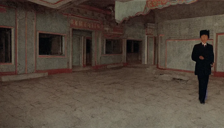 Prompt: pov a man walking in empty north-korean restaurant palace with propaganda fresco, eastmancolor, heavy grain, high quality, higly detailed