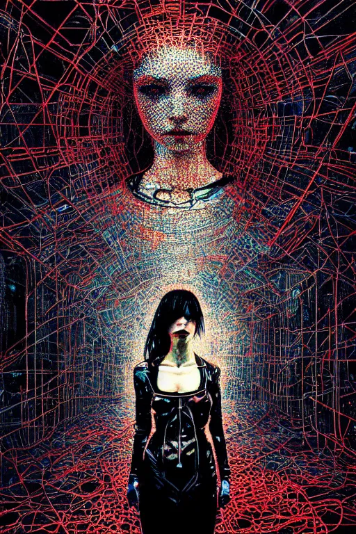 Image similar to dreamy cyberpunk girl, abstract black leather, digital nodes, beautiful woman, detailed acrylic, grunge, intricate complexity, by dan mumford and by chiharu shiota, peter lindbergh