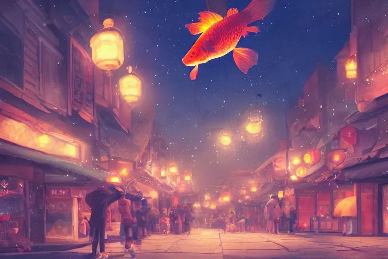 Prompt: fantasy art of glowing goldfish swimming in the air, in the streets of a japanese town at night, with people watching in wonder, by makoto shinkai, highly detailed digital art, trending on artstation