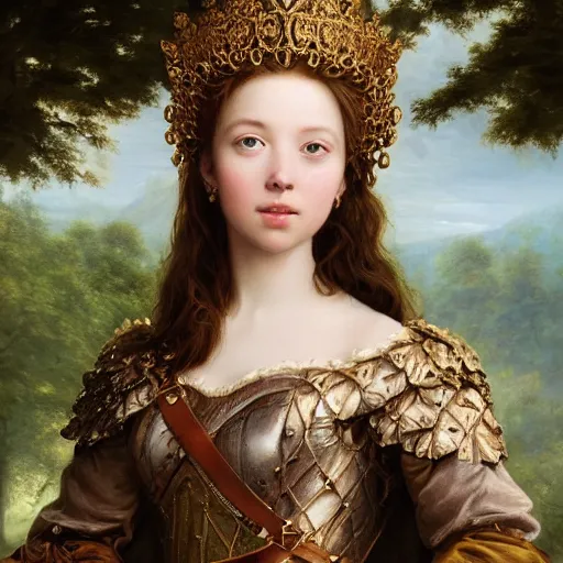 Image similar to A masterpiece ultrarealistic ultradetailed portrait of a Incredibly beautiful princess with Royal Tevton Knight Full Iron Helmet. baroque renaissance girl in the forest. medium shot, intricate, elegant, highly detailed. trending on artstation, digital art, by Stanley Artgerm Lau, WLOP, Rossdraws, James Jean, Andrei Riabovitchev, Marc Simonetti, Yoshitaka Amano. background by James Jean and Gustav Klimt, light by Julie Bell, 4k, porcelain skin.