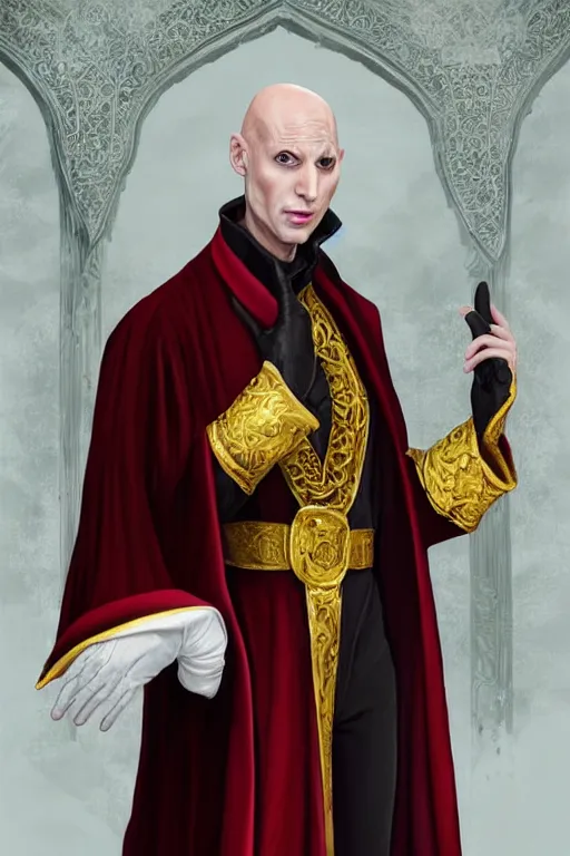 Prompt: a bald pale sorcerer in his late nineties. stately and dour in his expression. eyeliner accentuates his sunken eyes. a high black turtleneck covers his thin neck. opulent white golden red robe. white leather gloves with gold decoration, sharp focus, illustration, digital painting, art by magali villeneuve