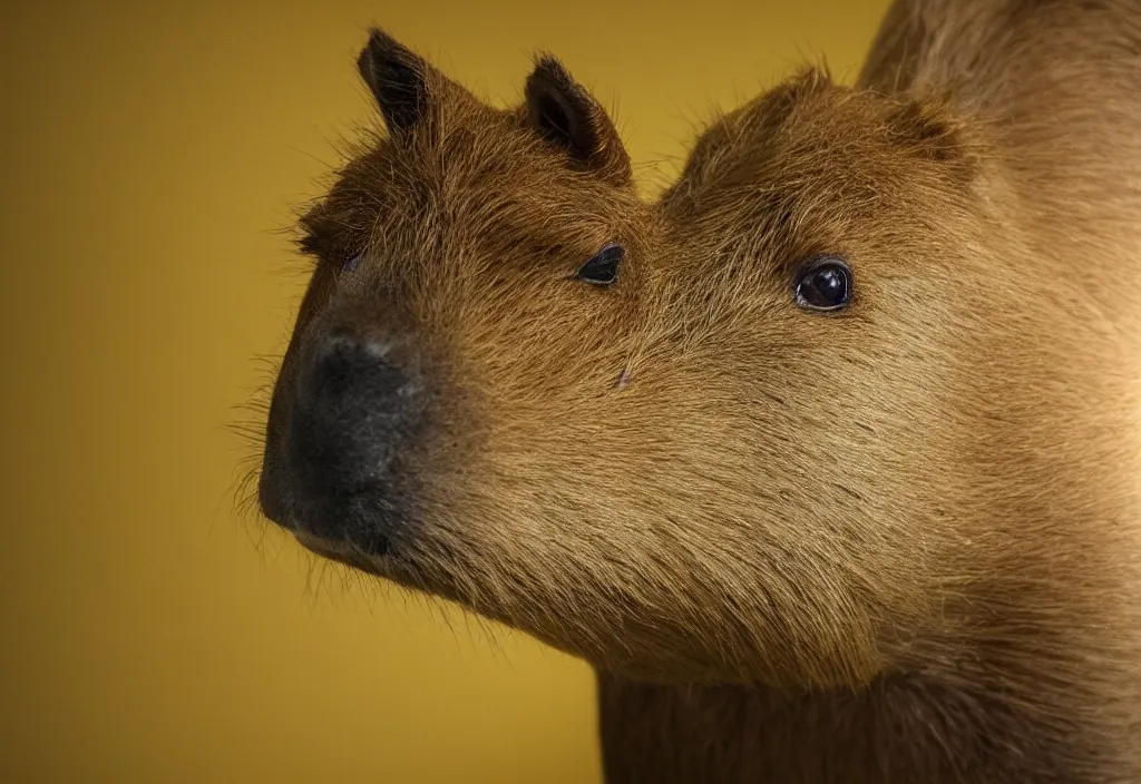 Prompt: photo of a capybara in the backrooms, yellow light