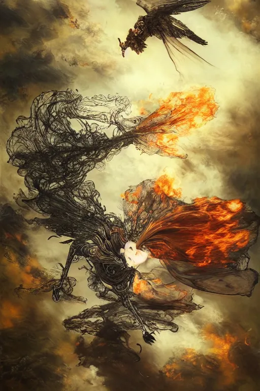 Image similar to portrait of of a flying beauty over meadows of fire, intricate line drawings, by Yoshitaka Amano, Ruan Jia, Kentaro Miura, Artgerm