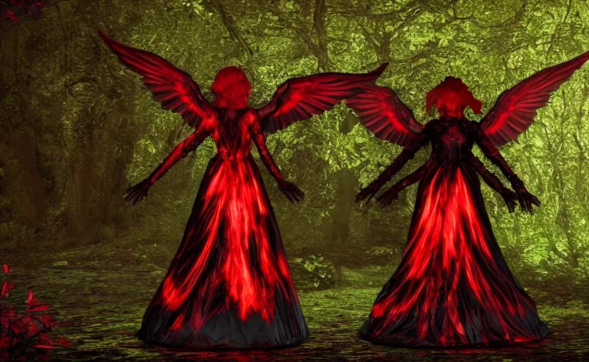 Image similar to Female dark angel in gothic red and black dress, their black wings are extended. She is in the bioluminescent forest. Horror scene, highly detailded. Bronze statue, unreal engine