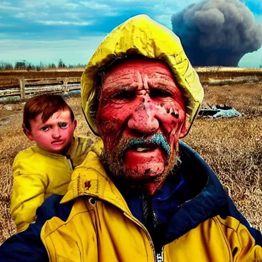 Prompt: selfie of the last surviving ukrainian with children, wild pain and damage to the body burns alive to the bone, painted in dirty yellow - blue colors, a huge nuclear explosion is approaching in the background, a very detailed photo