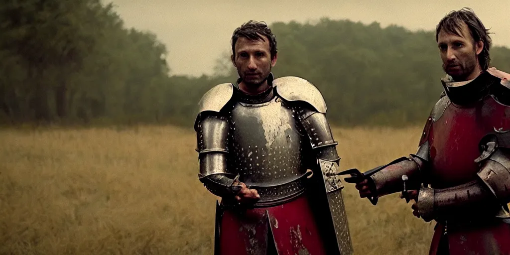 Image similar to film still of closeup a knight with a bloody heart in his hand by emmanuel lubezki