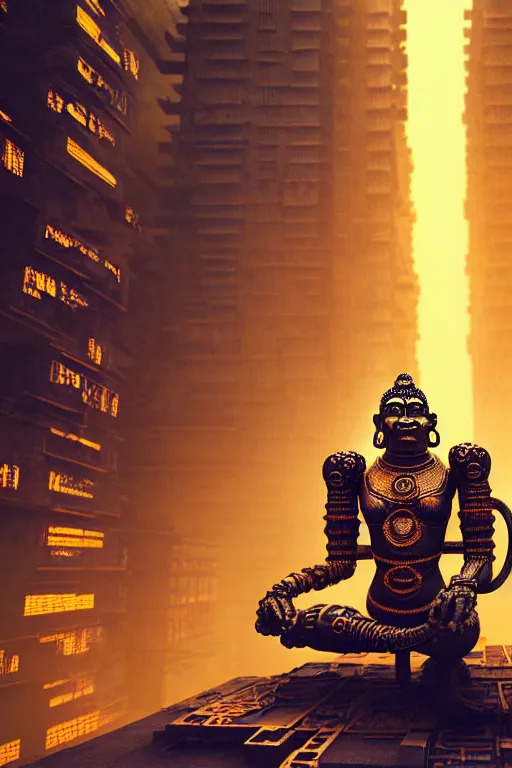 Image similar to high quality 3 d render brutalist cyborg! hanuman sitting, gold madhubani, highly detailed, cyberpunk!! mumbai in the background, unreal engine cinematic smooth, szukalski & blade runner, moody neon light, low angle, uhd 8 k, sharp focus