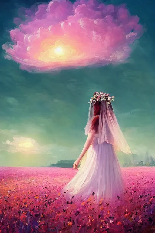 Image similar to giant white flower crown as head, veil girl walking in a flower field, surreal photography, sunrise, dramatic light, impressionist painting, colorful clouds, digital painting, artstation, simon stalenhag