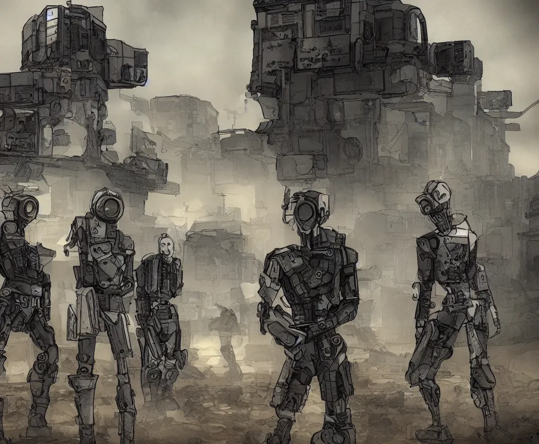Image similar to androids in a post-apocalyptic world, desolate, sandy, foggy, borderlands art style