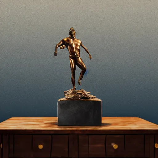 Image similar to bronze metallic statue of Poseidon rising above waves on a wooden desk, studio lighting