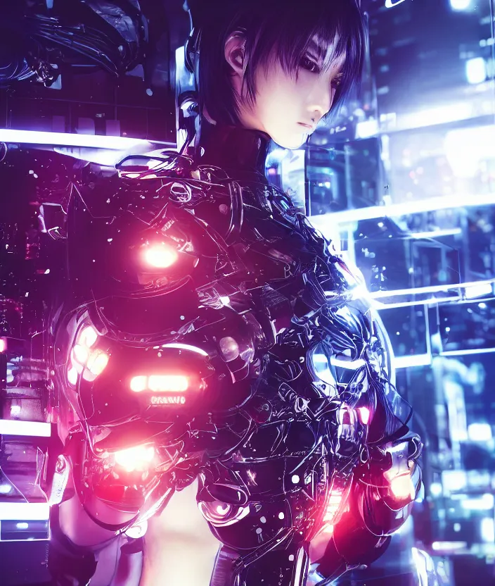 Image similar to japanese model cyborg with digital led panel skin, neon lighting, techno neon projector background, akihiko yoshida style, portrait photo, intricate details, ultra realistic, unreal engine 5, depth of field, bokeh, octane render