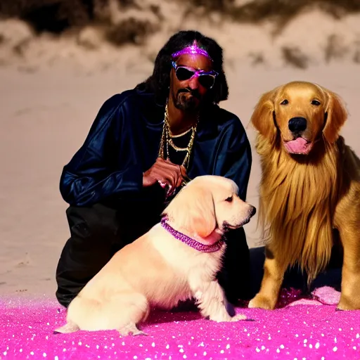 Prompt: Snoop Dogg any sparkly pink sequin jacket petting a golden retriever on a beach at night