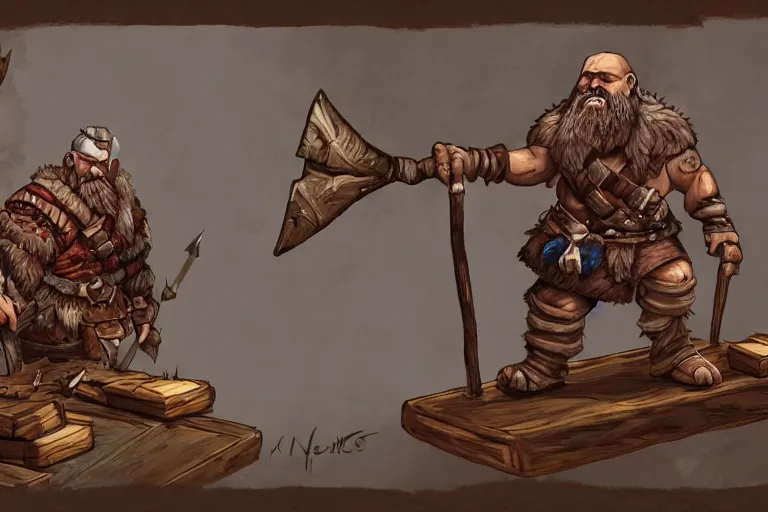 Image similar to barbarian dwarf holding a rustic rectangle wooden table with spikes sticking out of it. Dungeons and dragons fantasy digital art, artstation highquality 4k