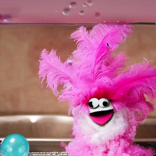 Prompt: hot pink feather boa muppet in bubble bath wit bubbles floating in the air