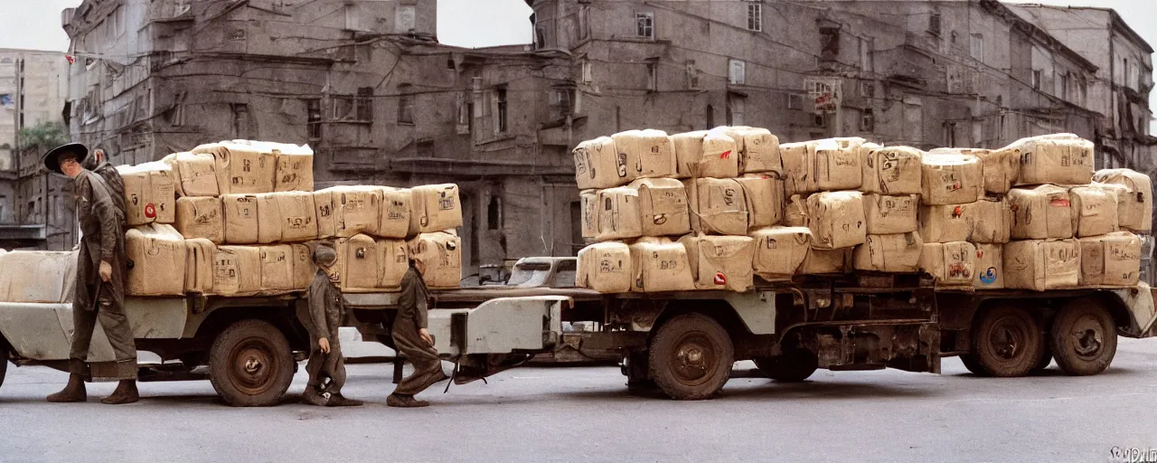 Image similar to transporting spaghetti boxes, world war 2, u. s. army, canon 5 0 mm, kodachrome, in the style of wes anderson, retro