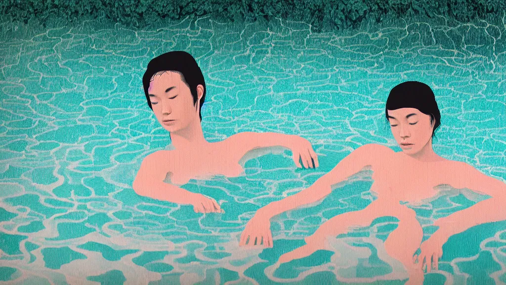 Prompt: a bather in a natural hot spring, japan, a collage painting, in the style of wes anderson, lola dupre, david hockney, isolated on negative white space background dark monochrome neon spraypaint accents volumetric octane render