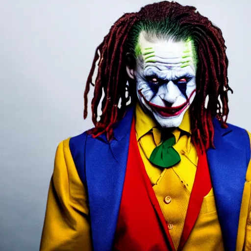 Image similar to a film still of Trippie Redd starring as The Joker, 40mm lens, shallow depth of field, split lighting, cinematic