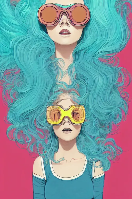 Image similar to portrait painting of a teenage girl with swept back wild aquamarine hair, fashionable, windy, goggles, sharp focus, award - winning, trending on artstation, masterpiece, highly detailed, intricate. art by josan gonzales and moebius and deathburger