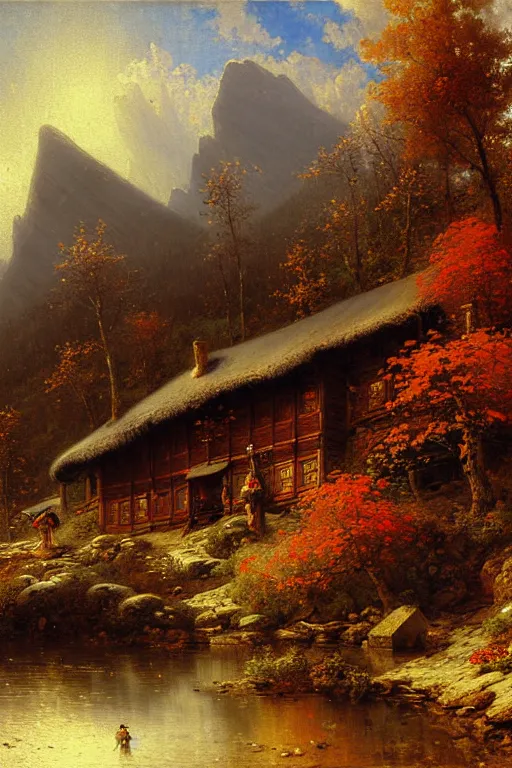 Image similar to detailed painting of a a mountain lodge in the autumn season, filigree ornaments, andreas achenbach