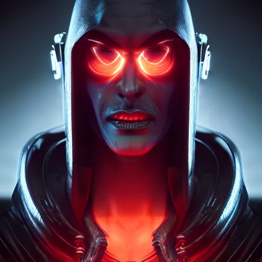 Image similar to evil cyberpunk dark lord, highly detailed, photorealistic portrait, bright studio setting, studio lighting, crisp quality and light reflections, unreal engine 5 quality render