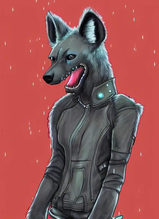 Image similar to digital drawing of anthromorphic hyena female drawn in cell shaded, fursona, furry fandom, neon rainy cyberpunk setting, anthro, wearing leather jacket, detailed face,