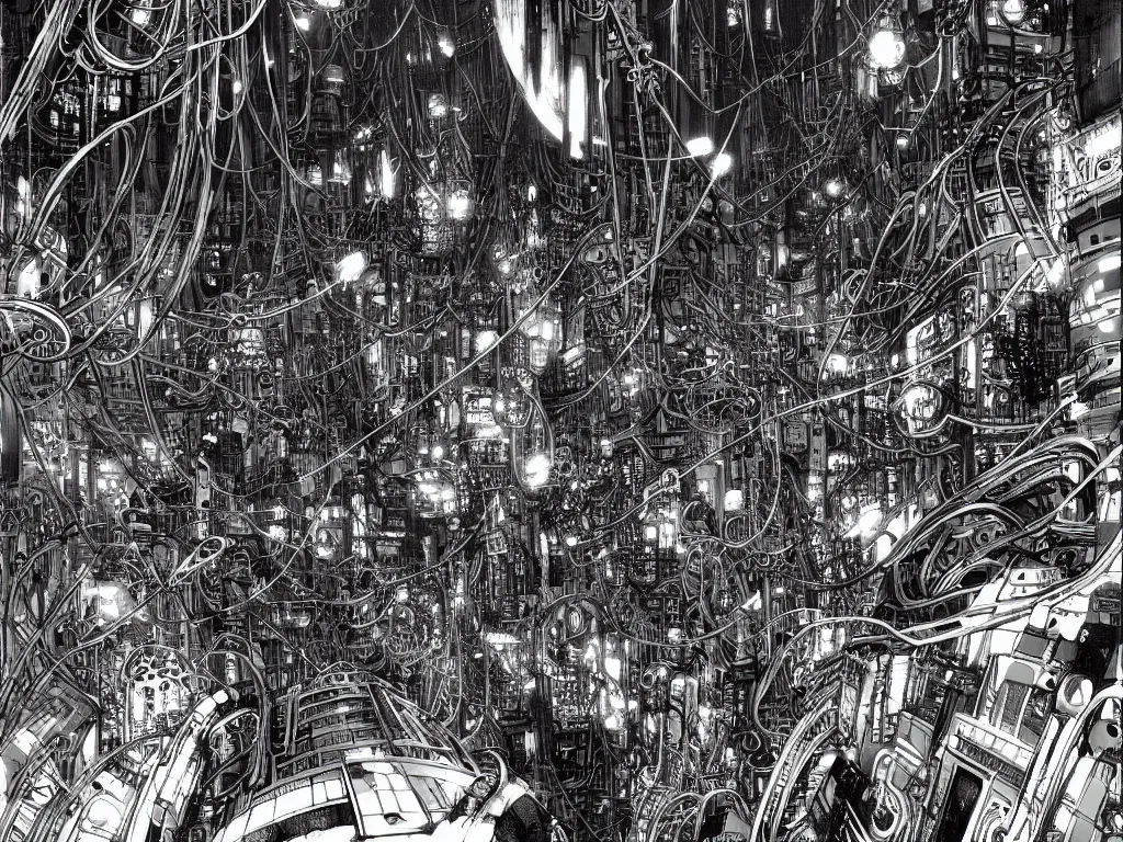 Image similar to cyborg monsters with tentacles and wires in detailed huge cybernetic mega city with wires in space, by nihei tsutomu