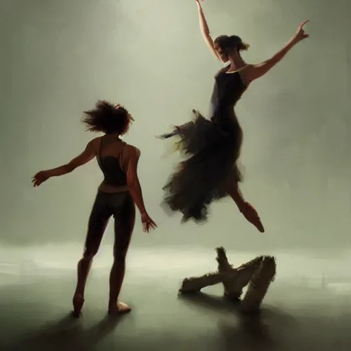 Image similar to oil painting dancer woman with dancer men, herb rose, by greg rutkowski, artstation