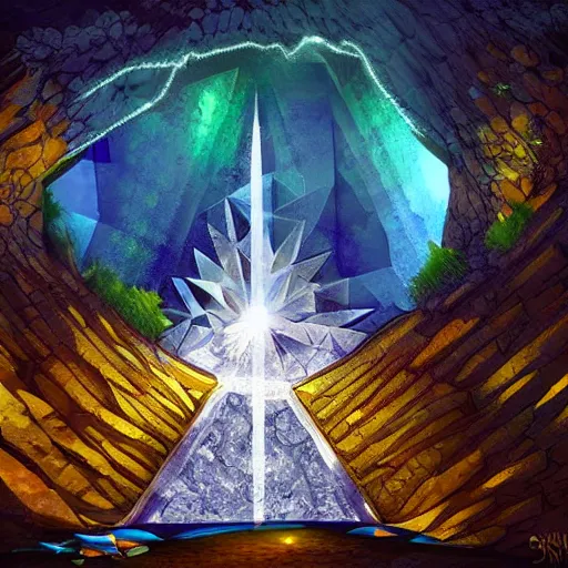 Image similar to a diamond mine, lots of diamonds unearthed, a lights is being reflected all around the dark cave mine, luminous Color’s, murial art, concept art.