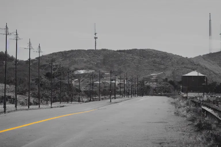 Image similar to a road next to warehouses, and a hill background with a radio tower on top, 3 0 0 mm telephoto lens