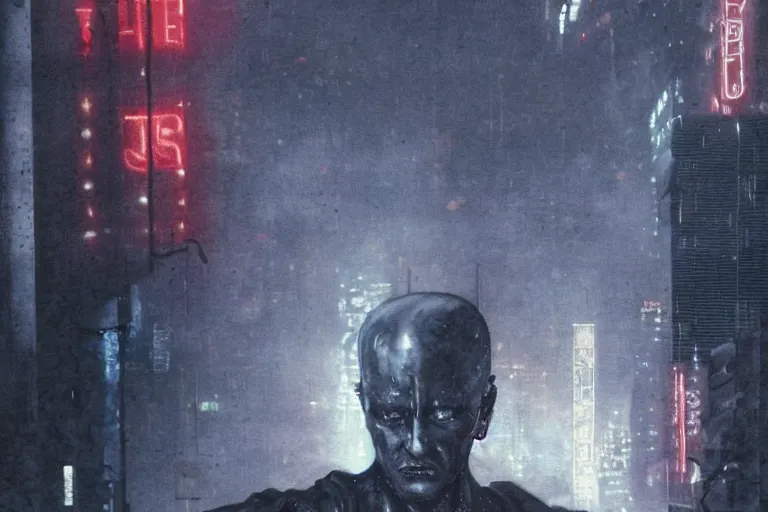 Image similar to roy batty with a bare torso sits in the lotus position with his head bowed in the rain on the roof of a building in the cyberpunk future, around neon signs, a little haze, night, realistic proportions, anime style ghost in armor