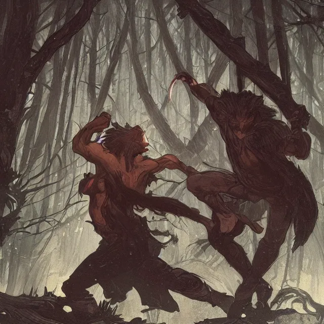 Image similar to a male werewolf fighting a young fit male vampire in a dark forest at night, by greg rutkowski and alphonse mucha, gradient brown to red, highly detailed, digital painting, artstation, concept art, smooth, sharp focus illustration