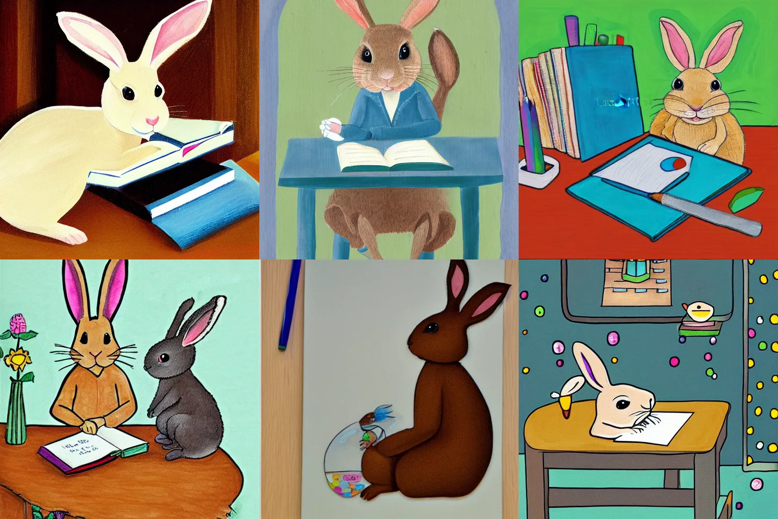 Prompt: a rabbit writing on a desktop, Children's Book Illustration, Laura Watson