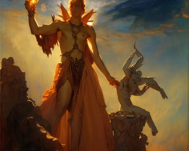 Image similar to attractive male deity, casting demonic magic, summoning handsome lucifer morning star. highly detailed painting by gaston bussiere, craig mullins, j. c. leyendecker 8 k