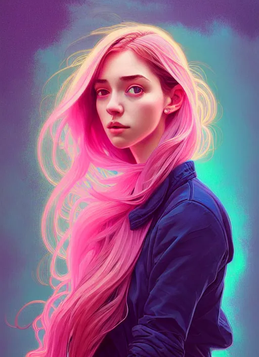 Image similar to handsome young women with shoulder length pink hair, half body shot, path traced, highly detailed, high quality, digital painting, alena aenami, lilia alvarado, shinji aramaki, karol bak, alphonse mucha, tom bagshaw