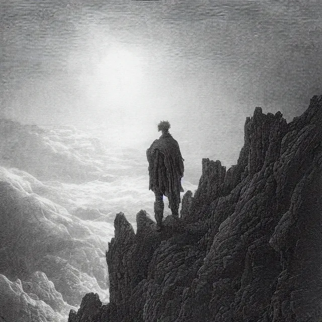 Prompt: an engraving of wanderer above the sea of fog by gustave dore, caspar david friedrich, highly detailed, lithograph engraving