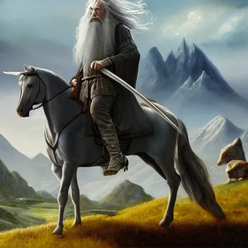 Prompt: Gandalf the grey om his horse protecting the city from an imminent meteor strike with his staff mountains in the distance, wide angle shot, hyper realistic painting, middle earth vibes
