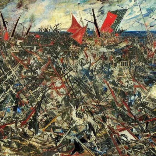 Prompt: battle of cape ecnomus, in the style of jackson pollock