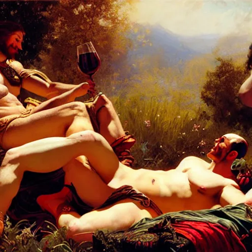 Image similar to ares the god of war tickles achilles the champion on a feather bed in a meadow, dionysus drinks wine in the background she is smirking, painting by gaston bussiere, craig mullins, j. c. leyendecker, tom of finland