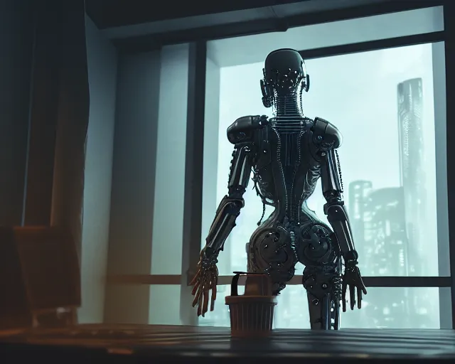 Prompt: armored female with biomechanical cybernetic body is drinking coffee near a window with dystopian city visible outside. very detailed 8 k. cyberpunk fantasy style. unreal engine render. global illumination. nanite. rtx. path tracing.