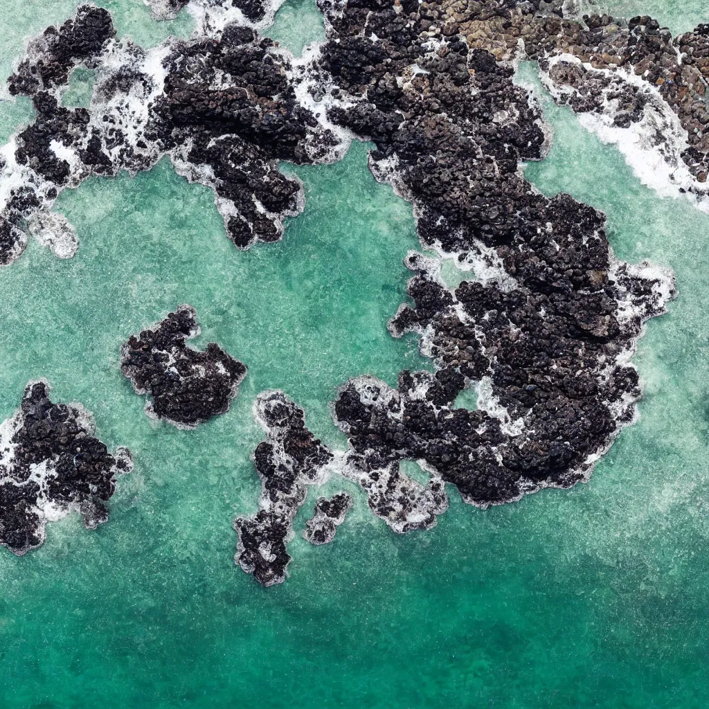 Image similar to birds eye view tide pools, clear pools of water with swirling sea foam, dark black smooth obsidian boulders, floating kelp, small fishes, octopus