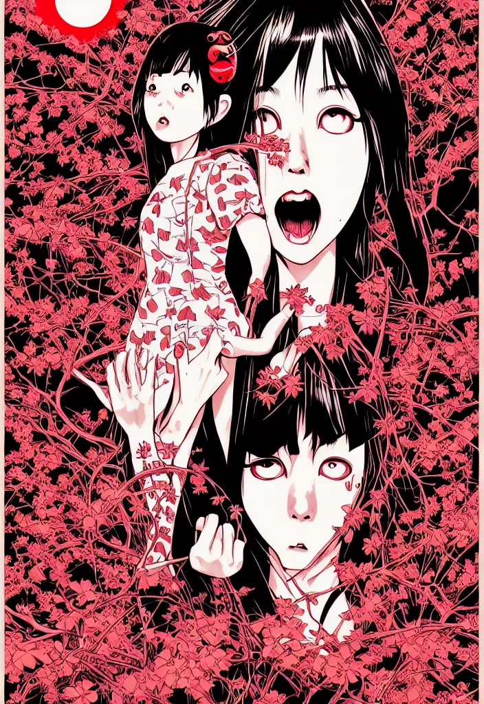 Prompt: a comic book style japanese horror poster of girl with large eyes by dan mumford, yusuke murata, junji ito and artgerm, blood lines, yokai, shinigami, cherry blossom, eyes, shurikens, kanji, 8k, unreal engine, trending on artstation, pixiv, intricate details, volumetric lighting